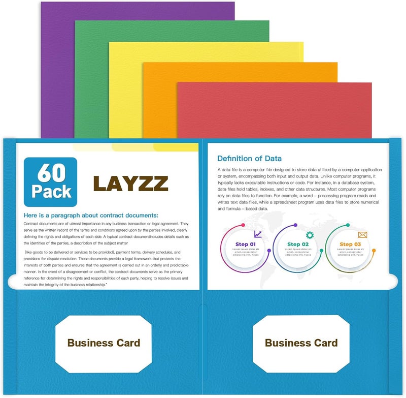LAYZZ Folders with Pockets, 60 Pack Paper Pocket Folders, 2 Pocket File folders Fits Letter Size Paper, for School Office and Home, Assorted 6 Colors - Image 1